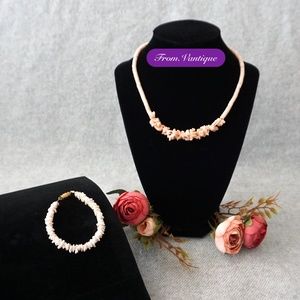 🎀 VINTAGE [Handmade] Pink Seashells Beaded Necklace Set ⛓️ + Bracelet 📿